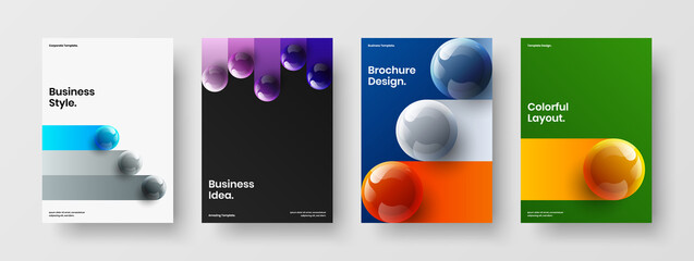 Fresh 3D spheres magazine cover illustration collection. Amazing company identity design vector template bundle.