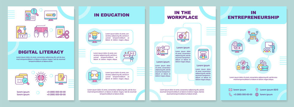 Digital literacy in spheres brochure template. Computing skills. Leaflet design with linear icons. 4 vector layouts for presentation, annual reports. Arial-Black, Myriad Pro-Regular fonts used