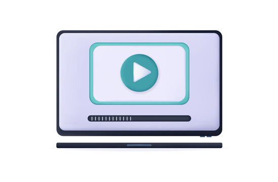 3d upload video icon online. Download and broadcast live. Computer screen with audio or video load process.  The progress, stage or step of enabling the electronic program, result displayed. Vector.