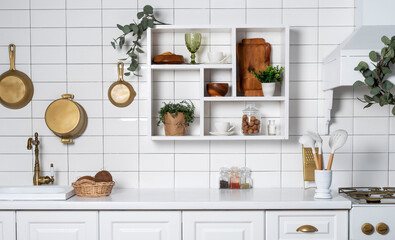 Modern white kitchen background. Comfortable, minimal interior in scandy style. High quality photo