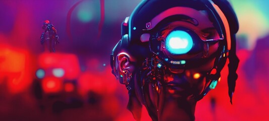 A cyborg with a glowing face-screen looks directly into the background of a blurred cyberpunk urban landscape. Futuristic 3D illustration