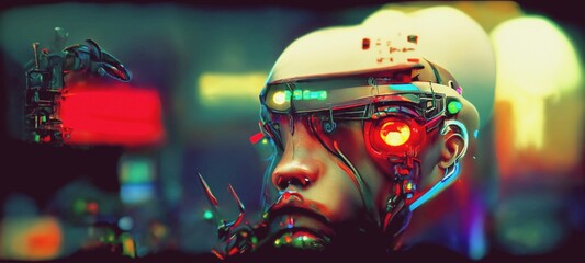 A cyborg with a glowing face-screen looks directly into the background of a blurred cyberpunk urban landscape. Futuristic 3D illustration