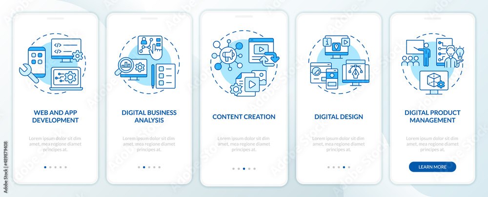 Poster advanced digital skills blue onboarding mobile app screen. walkthrough 5 steps graphic instructions 