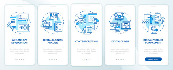 Advanced digital skills blue onboarding mobile app screen. Walkthrough 5 steps graphic instructions pages with linear concepts. UI, UX, GUI template. Myriad Pro-Bold, Regular fonts used