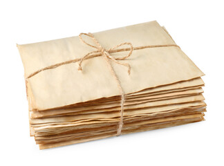 Stack of old letters wrapped with twine on white background