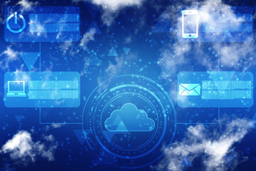 2d illustration of Cloud computing, Digital Cloud computing Concept background. Cyber technology, internet data storage, database and data server concept