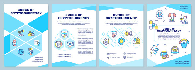 Obraz na płótnie Canvas Surge of cryptocurrency turquoise brochure template. Popularity growth. Leaflet design with linear icons. 4 vector layouts for presentation, annual reports. Arial-Black, Myriad Pro-Regular fonts used