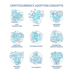 Cryptocurrency adoption turquoise concept icons set. Inflation hedge idea thin line color illustrations. Low fees. Isolated symbols. Editable stroke. Roboto-Medium, Myriad Pro-Bold fonts used