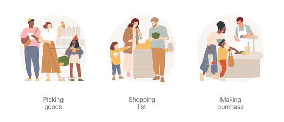 Family shopping isolated cartoon vector illustration set. Picking goods, shopping list, making purchase, diverse parents and children in supermarket, buy grocery, register belt vector cartoon.