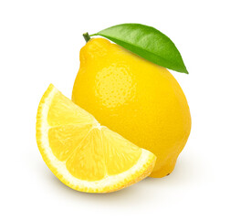 Ripe lemon fruit and sliced with leaves isolated on white background, Fresh and Juicy Lemon
