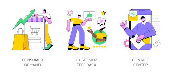 Customer relationship management abstract concept vector illustration set. Consumer demand, customer feedback, contact center, retail marketing, user support, market research abstract metaphor.