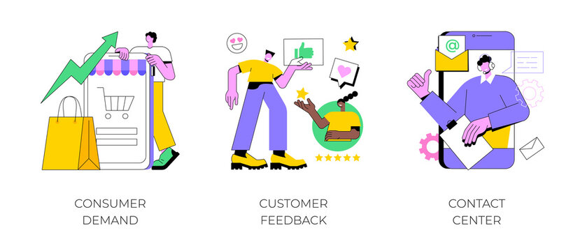 Customer Relationship Management Abstract Concept Vector Illustration Set. Consumer Demand, Customer Feedback, Contact Center, Retail Marketing, User Support, Market Research Abstract Metaphor.