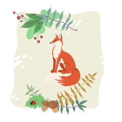 Postcard of cartoon forest fox with plant elements isolated on white background.