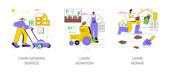 Turf maintenance abstract concept vector illustration set. Lawn mowing service, aeration and repair, gardening, grass fertilization, remove dandelion, thatch and moss, overseeding abstract metaphor.