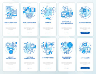 Adopting crypto-currency blue onboarding mobile app screen set. Walkthrough 5 steps graphic instructions pages with linear concepts. UI, UX, GUI template. Myriad Pro-Bold, Regular fonts used