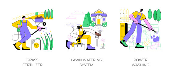 Gardening services abstract concept vector illustration set. Grass fertilizer, lawn watering system, power washing, garden hose, soil nutrients, pop-up sprinkler, dust and mold abstract metaphor.