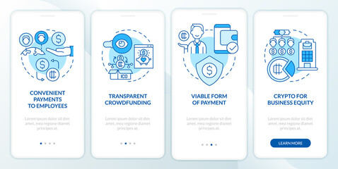 Crypto-currency advantages in usage blue onboarding mobile app screen. Walkthrough 4 steps graphic instructions pages with linear concepts. UI, UX, GUI template. Myriad Pro-Bold, Regular fonts used