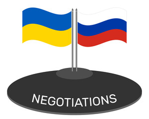 Flags of Ukraine and Russia on the table. Negotiations between Ukraine and Russia. Ukraine and Russia talks. Signing an international agreement.