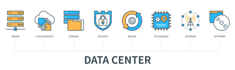 Data center concept with icons. Server, storage, cloud services, security, backup, technology, network, software. Web vector infographic in minimal flat line style