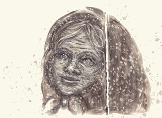 Hand-drawn portrait of an old woman. Grandmother in a dark scarf. Cute wrinkled woman face. Sketch with graphite pencil and charcoal. Monochrome illustration on a light background with coffee splashes