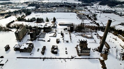 廃墟探訪　雪景色の廃工場をドローンで空撮　
