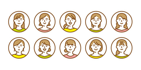 女性の顔アイコン10点セット