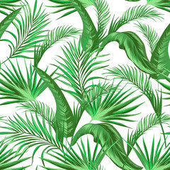 Jungle vector pattern with tropical leaves.Trendy summer print. Exotic seamless background.	