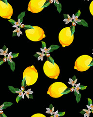 Lemon seamless vector pattern. Tropical fruit background. Summer exotic print. Hand drawn illustration. Botanical realistic eco pattern.