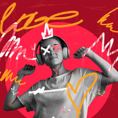 Music. Bright artwork. Young girl's portrait with abstract graphics. Contemporary art collage. New...