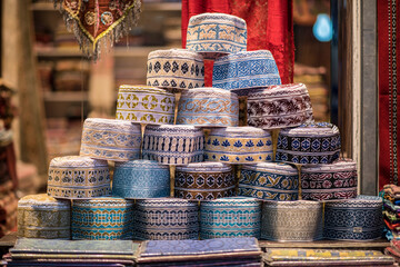 Muscat,Oman - March 05,2019 : All kinds of souvenirs
exhibited in market shops of the old town Mutrah.