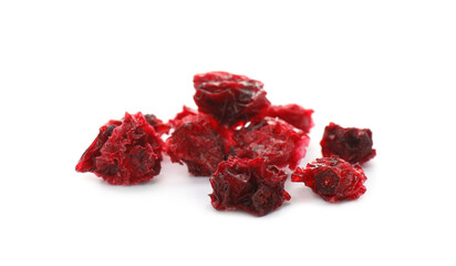 Pile of dried red currants on white background