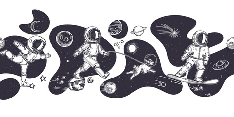 Horizontal line seamless pattern. The astronaut walks the dog. The astronaut is engaged in figure skating.