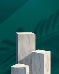 Empty realistic marble pedestals or podium or product displays with green background 3D