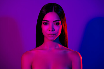 Portrait of luxurious gorgeous lady look isolated over ultraviolet multicolored background