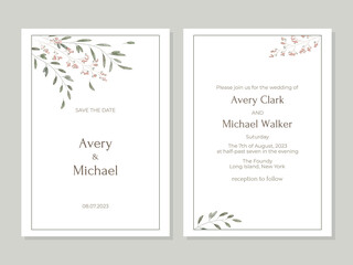 Modern wedding invitation template in minimalistic and watercolor style. Card design with frame, watercolor leaves, branches and flowers. Vector