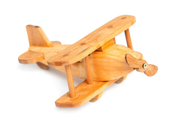 Wooden toy airplane isolated on a white background, close-up