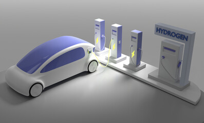 Future electric car on charging station with plug in cable at night. Refueling service for fuel cell or hydrogen gas vehicles. Eco friendly transport no emissions with energy battery, 3d render