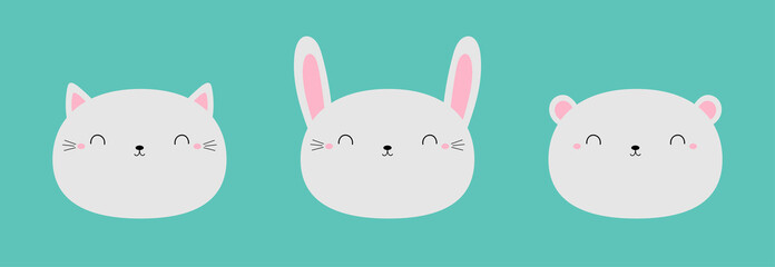 White cat kitty, kitten, bear cub bunny rabbit icon set. Cute kawaii animal. Cartoon funny baby character. Round face head. Kids print for poster, t-shirt cloth. Flat design. Green background.