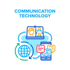 Communication Technology Vector Icon Concept. Messaging And Chatting On Smartphone, Video Calling On Laptop And Mobile Phone, Communication Technology For Worldwide Connection Color Illustration