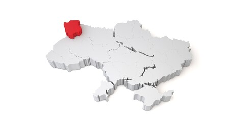 3d map of Ukraine showing the region of Volyn in red. 3D Rendering