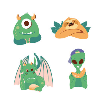 Set of funny Fairytale vector illustrations. The collection of kids cartoon dragon, monster, sloth, alien