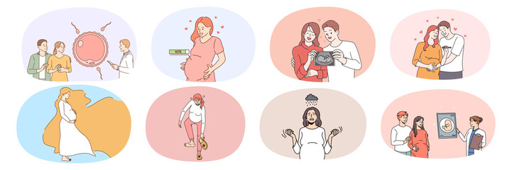 Collection of young pregnant woman and man waiting for baby born. Set of happy family excited with pregnancy. Ivf treatment. Childbirth and parenthood concept. Vector illustration. 