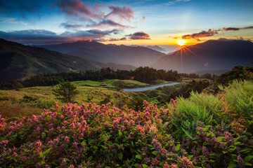 Beautiful autumn scenery in Taiwan, The fallen leaves beautiful color picture, Asia - Beautiful landscape of highest mountains blue sky in fall seaon at Taroko National Park, Taiwan