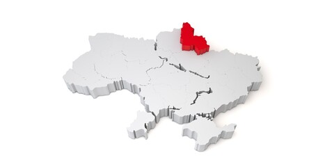 3d map of Ukraine showing the region of Sumy in red. 3D Rendering