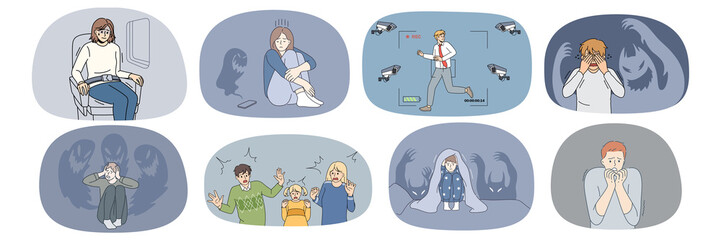 Set of scared diverse people suffer from paranoid fear. Collection of men and women feel frightened and terrified, have panic attack or anxiety. Emotion control problem. Vector illustration. 