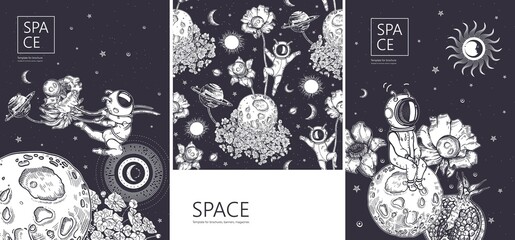 Set of space banners. Space background. Astronaut, flower and planet. - obrazy, fototapety, plakaty