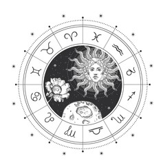 Magic drawing with the face of the sun, stars and the zodiac circle. Zodiac signs.