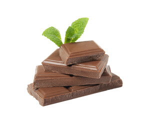 Tasty chocolate pieces and mint on white background