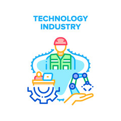 Industry Technology Vector Icon Concept. Factory Industry Technology For Manufacturing Goods And Industrial Working Process. Plant Worker Using Modern Electronic Equipment Color Illustration