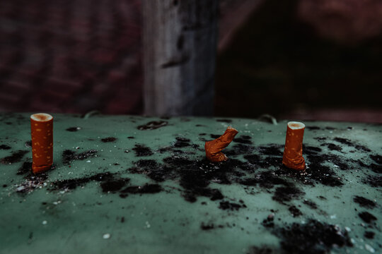 Extinguished cigarette butts on a green base